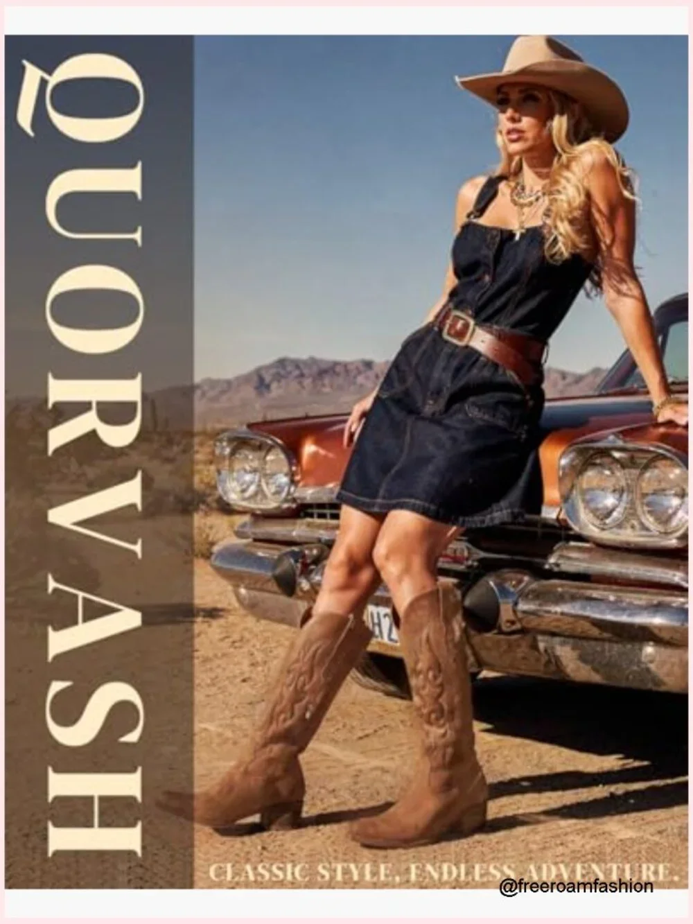 Knee High Wide Calf Cowgirl Boots with Chunky Heel Snip Toe Side Zipper - Picture 3 of 7